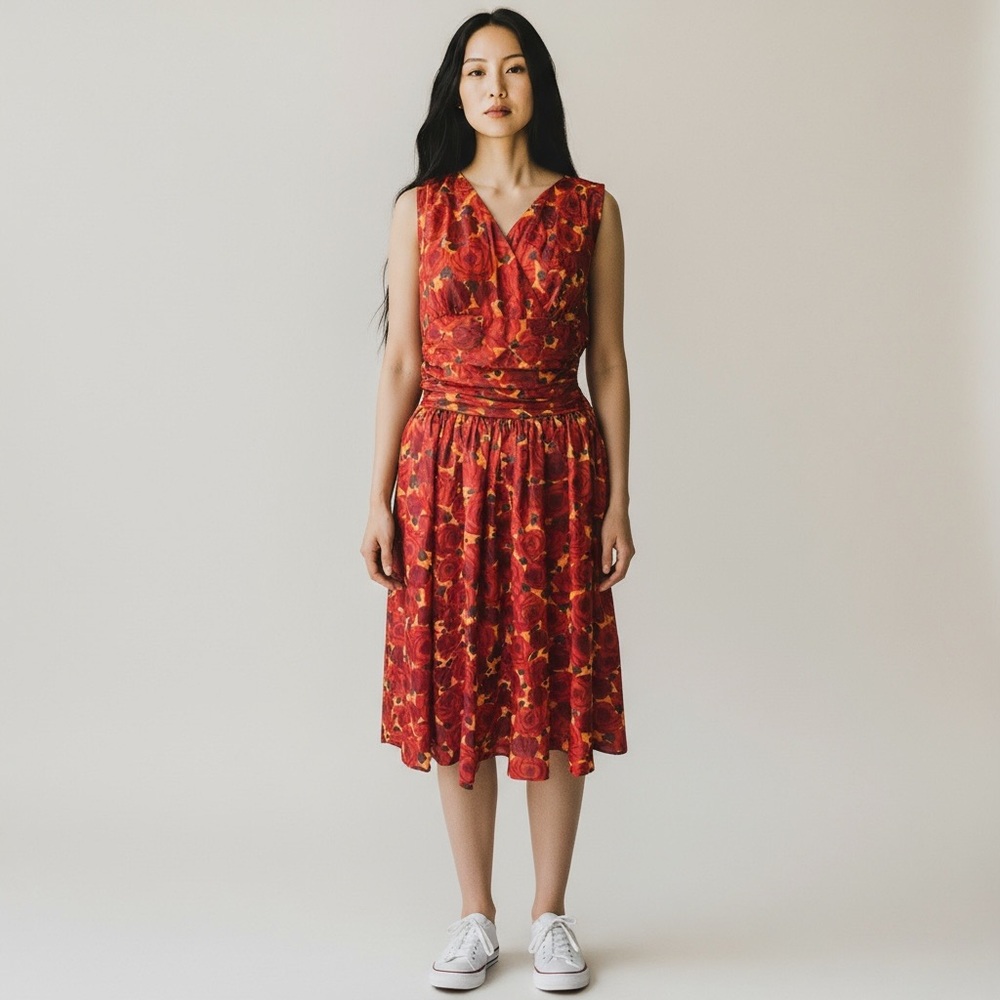 Vintage 60’s Style Handmade Dress Red Rose Print Tank Gathered at the Waist